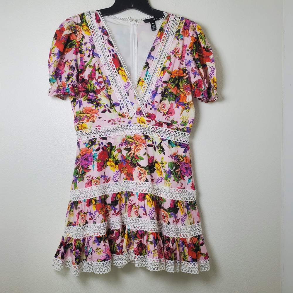Aqua x Mary Katrantzou Pink Floral Lace Trim Mini Dress Women's Size Medium - Picture 10 of 16